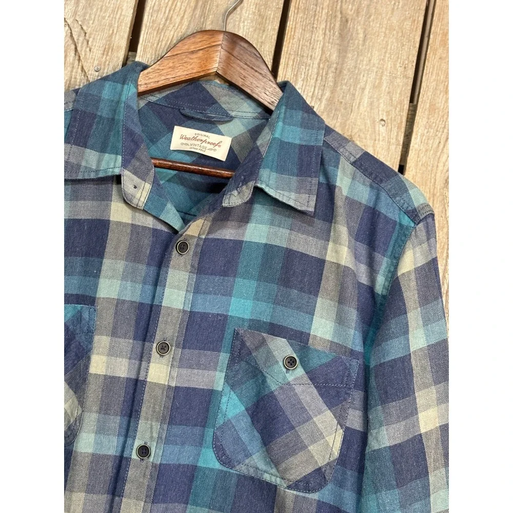 Weatherproof Vintage Mens Blue Teal Plaid Flannel Button Down Shirt Large